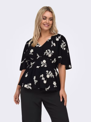 Μπλούζα με φλοράλ κέντημα και v λαιμόκοψη plus size