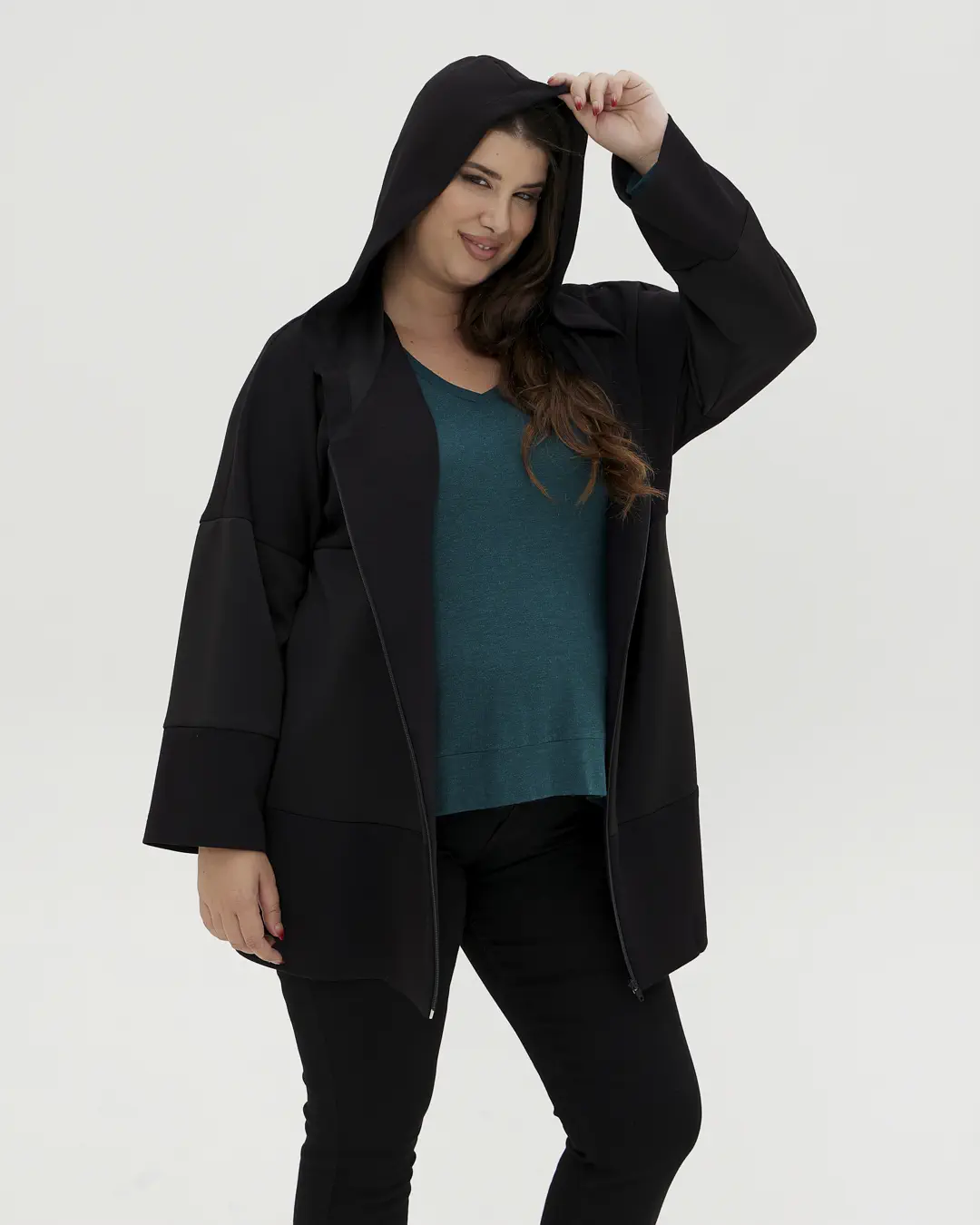 Ζακέτα με κουκούλα και φερμουάρ plus size - Image 3