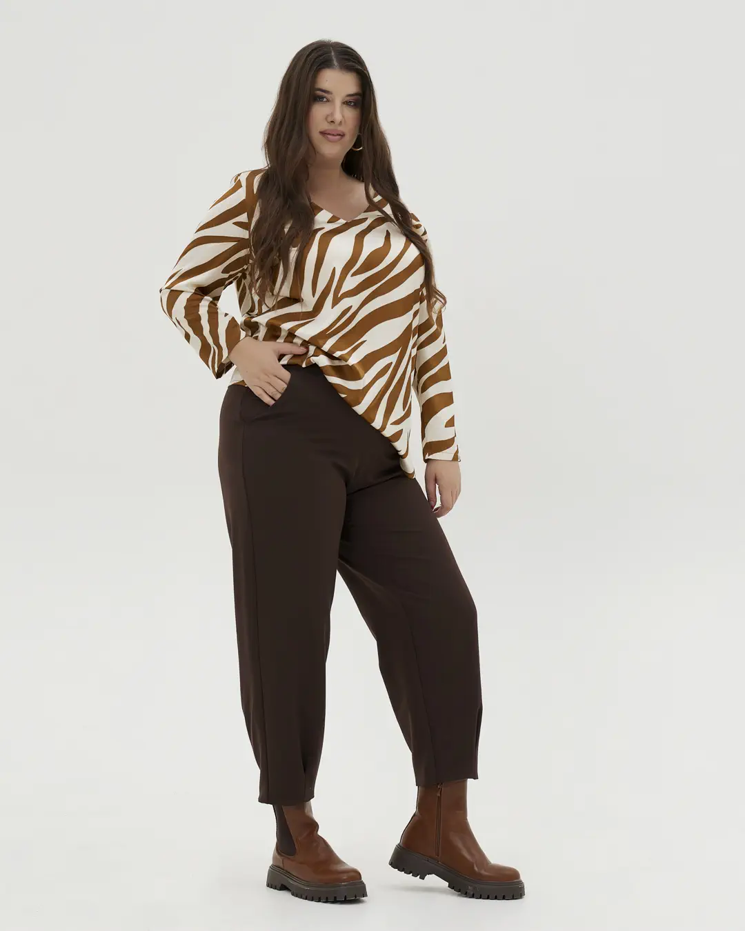 Καφέ παντελόνι φαρδιάς γραμμής plus size - Καφέ
