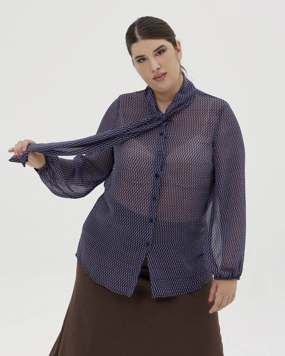 Πουκάμισο με γεωμετρικό σχέδιο και φιόγκο plus size - Μπλέ