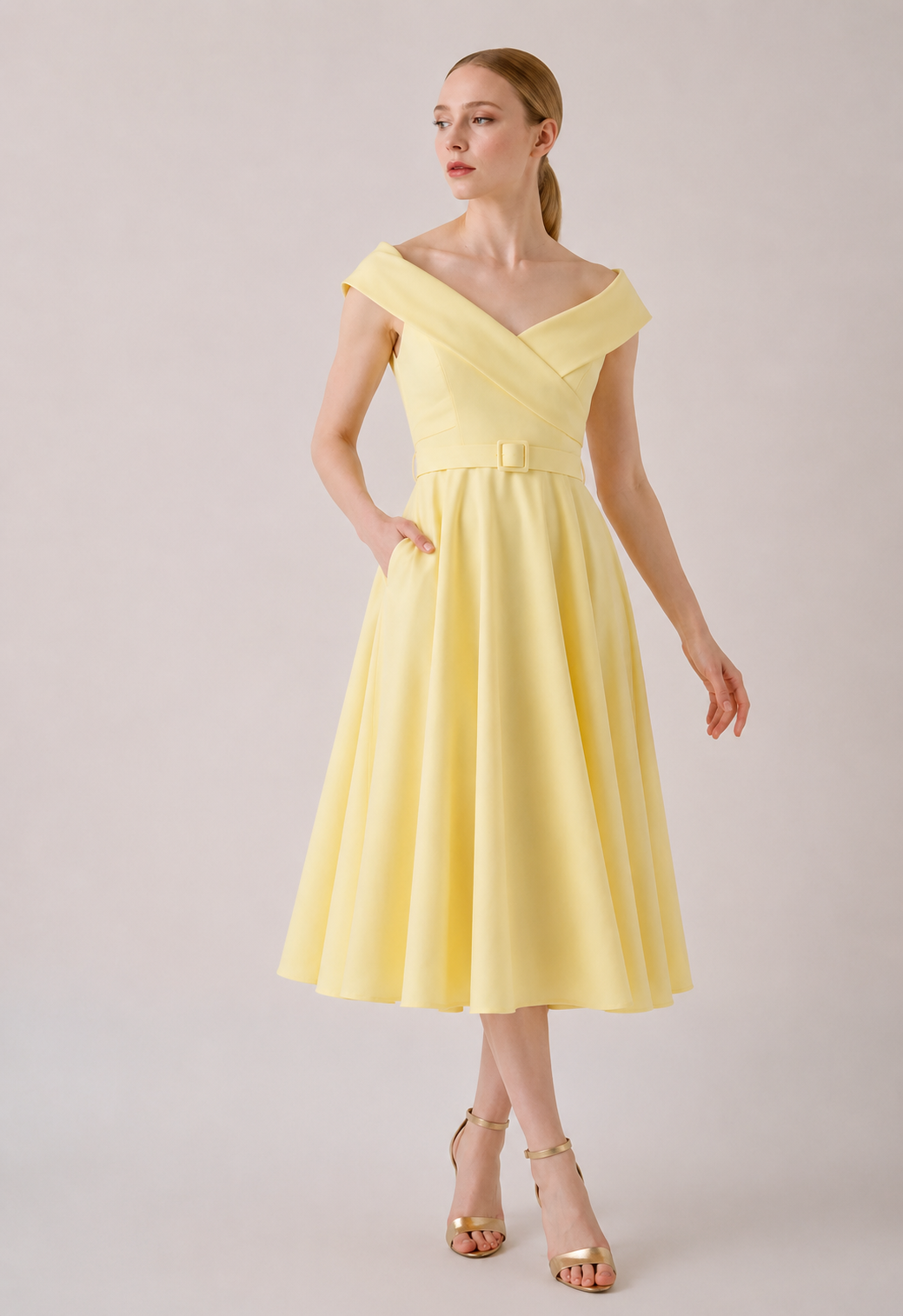 Midi off shoulder φόρεμα με ζώνη - Image 3