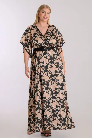 Σατέν maxi φόρεμα κρουαζέ με print plus size