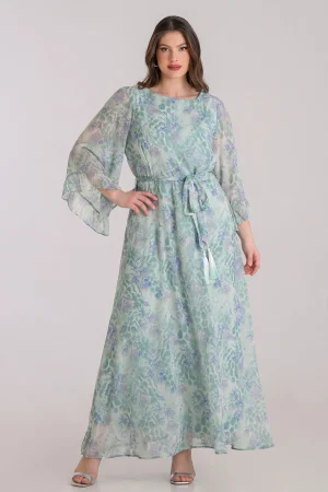 Maxi φόρεμα μουσελίνα με floral print και ζώνη plus size