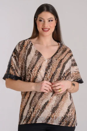 Animal print μπλούζα μουσελίνα με παγιέτες στα μανίκια plus size