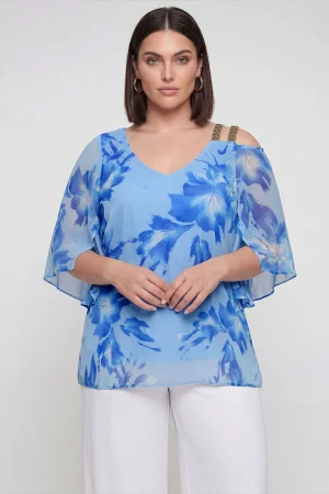 Εμπριμέ μπλούζα μουσελίνα με έξω ώμο plus size