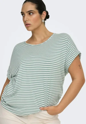 Μπλούζα ριγέ κοντομάνικη με στρογγυλή λαιμόκοψη plus size