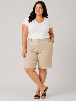Alternative view of Βερμούδα ψηλόμεση υφασμάτινη με τσέπες plus size