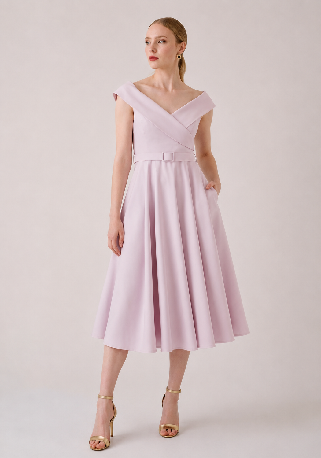 Midi off shoulder φόρεμα με ζώνη - Image 3
