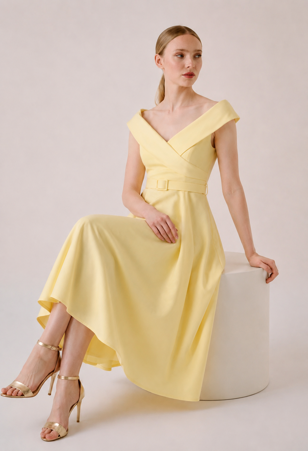 Midi off shoulder φόρεμα με ζώνη - Image 2