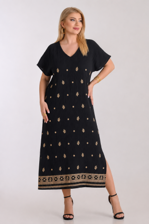 Maxi φόρεμα λινό κεντητό plus size