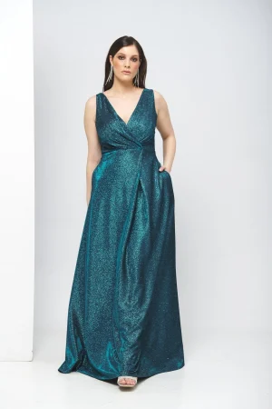 Φόρεμα maxi με glitter κρουαζέ plus size
