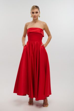 Strapless maxi φόρεμα σατέν με πιέτα