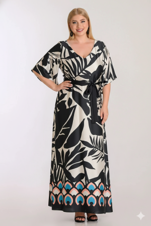 Alternative view of Maxi σατέν φόρεμα tropical print και ζώνη plus size