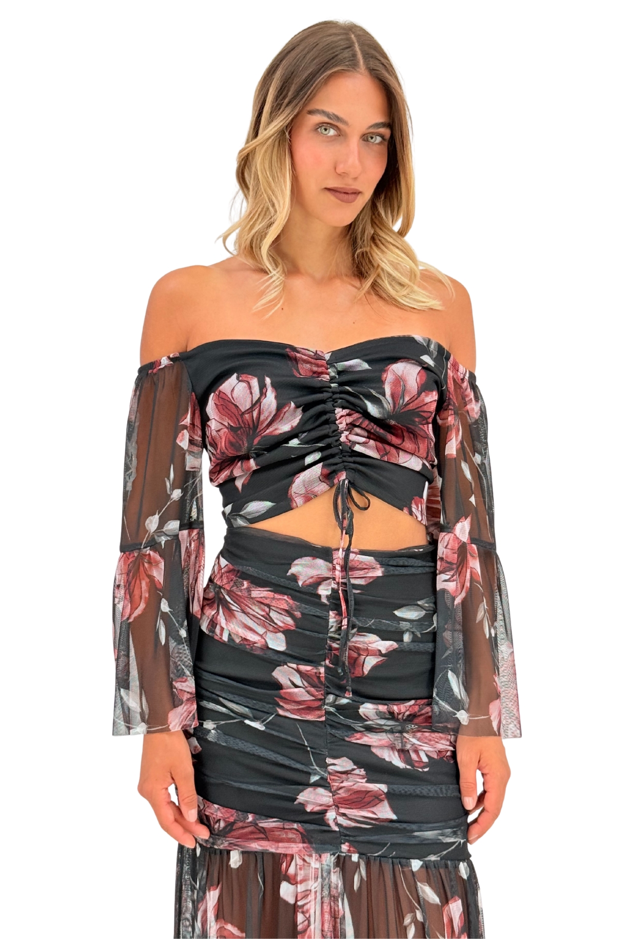 Φλοράλ crop top με έξω ώμους και διαφάνειες - Μπορντό