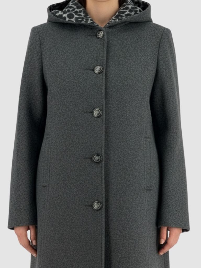 Μακρύ μάλλινο παλτό σε γκρι χρώμα με κουκούλα και animal print επένδυση - Image 3