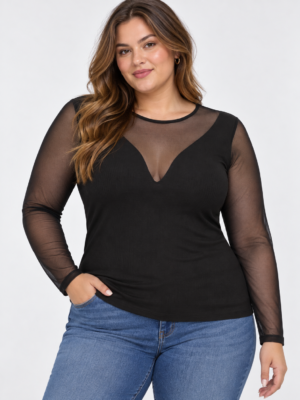 Alternative view of Μπλούζα με διαφάνεια και V λεπτομέρεια Plus size