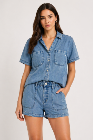 Πουκάμισο τζιν cropped με κοντό μανίκι relaxed fit