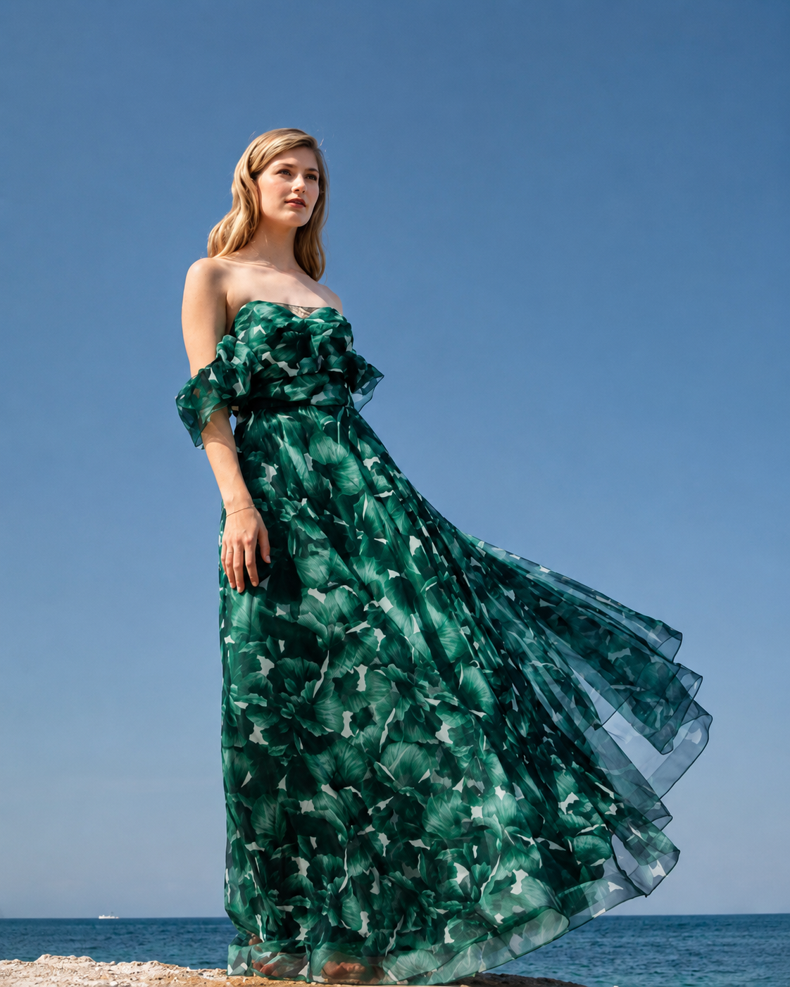 Maxi floral φόρεμα off shoulder με αέρινη κίνηση - Image 3