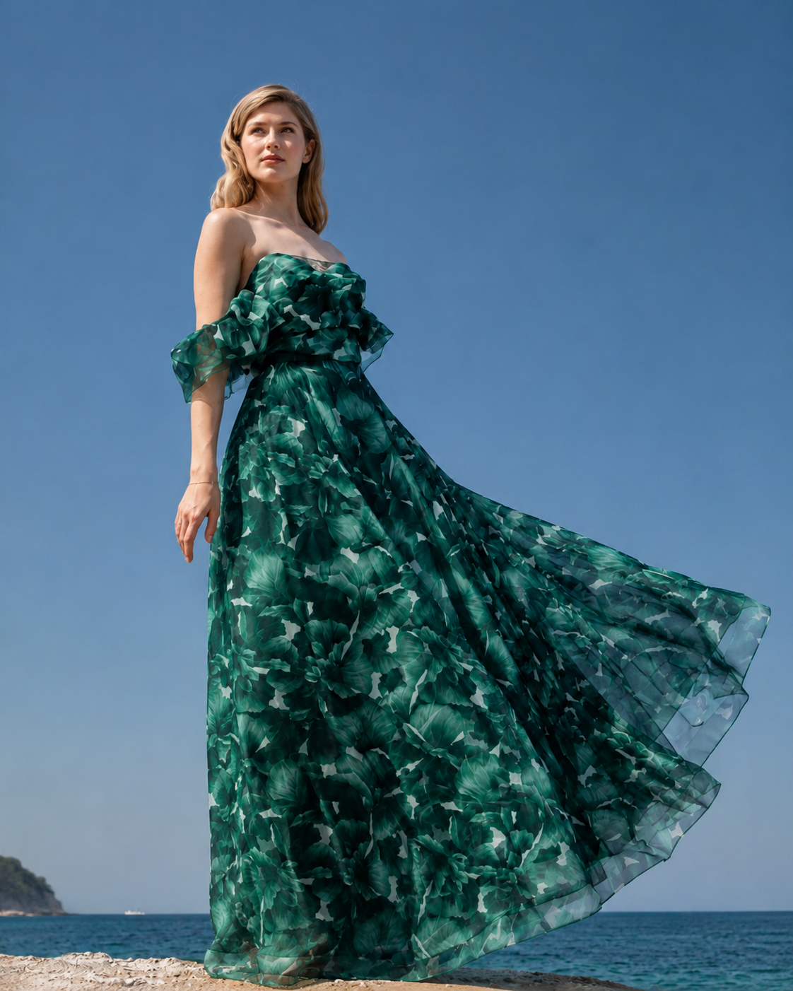 Maxi floral φόρεμα off shoulder με αέρινη κίνηση - Image 4