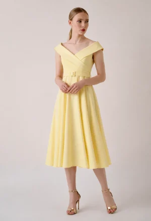 Midi off shoulder φόρεμα με ζώνη