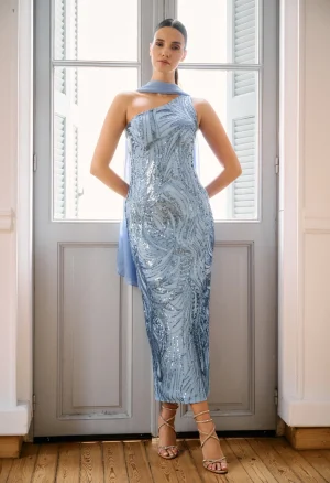 Alternative view of One-shoulder midi φόρεμα με παγιέτες και μαντήλι