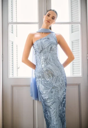 One-shoulder midi φόρεμα με παγιέτες και μαντήλι