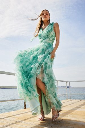 Maxi floral φόρεμα με τούλι και σκίσιμο