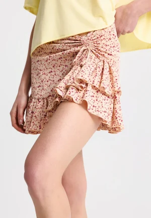 Mini floral φούστα με βολάν και σούρα