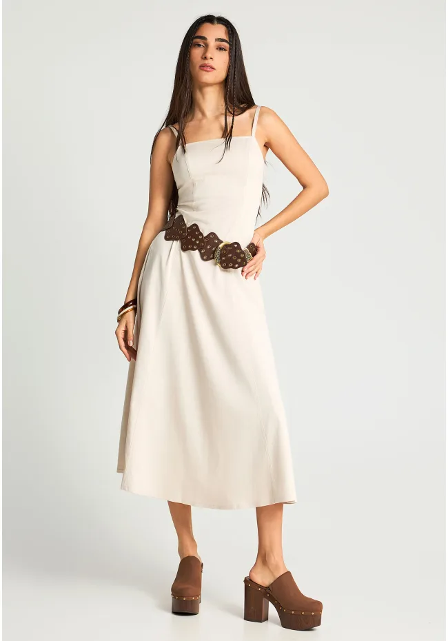 Φόρεμα μίντι με λεπτές τιράντες και τετράγωνη λαιμόκοψη