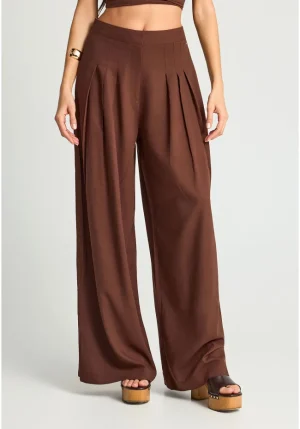 Παντελόνα linen καφέ ψηλόμεση με πιέτες