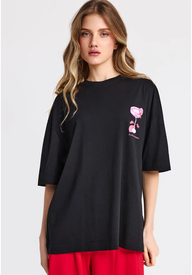 Μπλούζα κοντομάνικη oversize με ροζ στάμπα