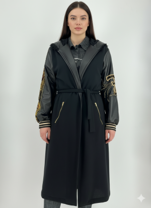 Μακρύ παλτό με δερμάτινες λεπτομέρειες κεντήματα και ζώνη