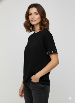 Alternative view of Μπλούζα  κοντομάνικη με πέρλες στα μανίκια