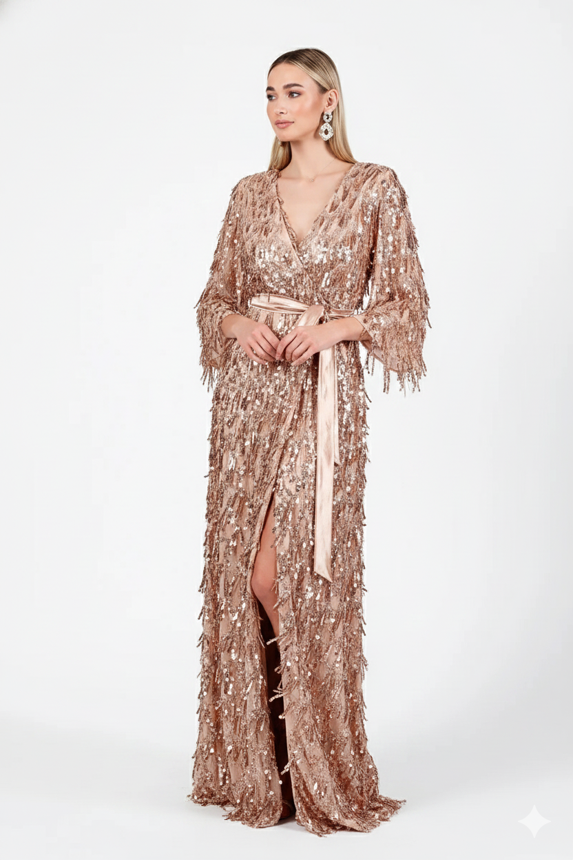 Maxi φόρεμα με παγιέτες και σατέν ζώνη σε rose gold απόχρωση - Image 2