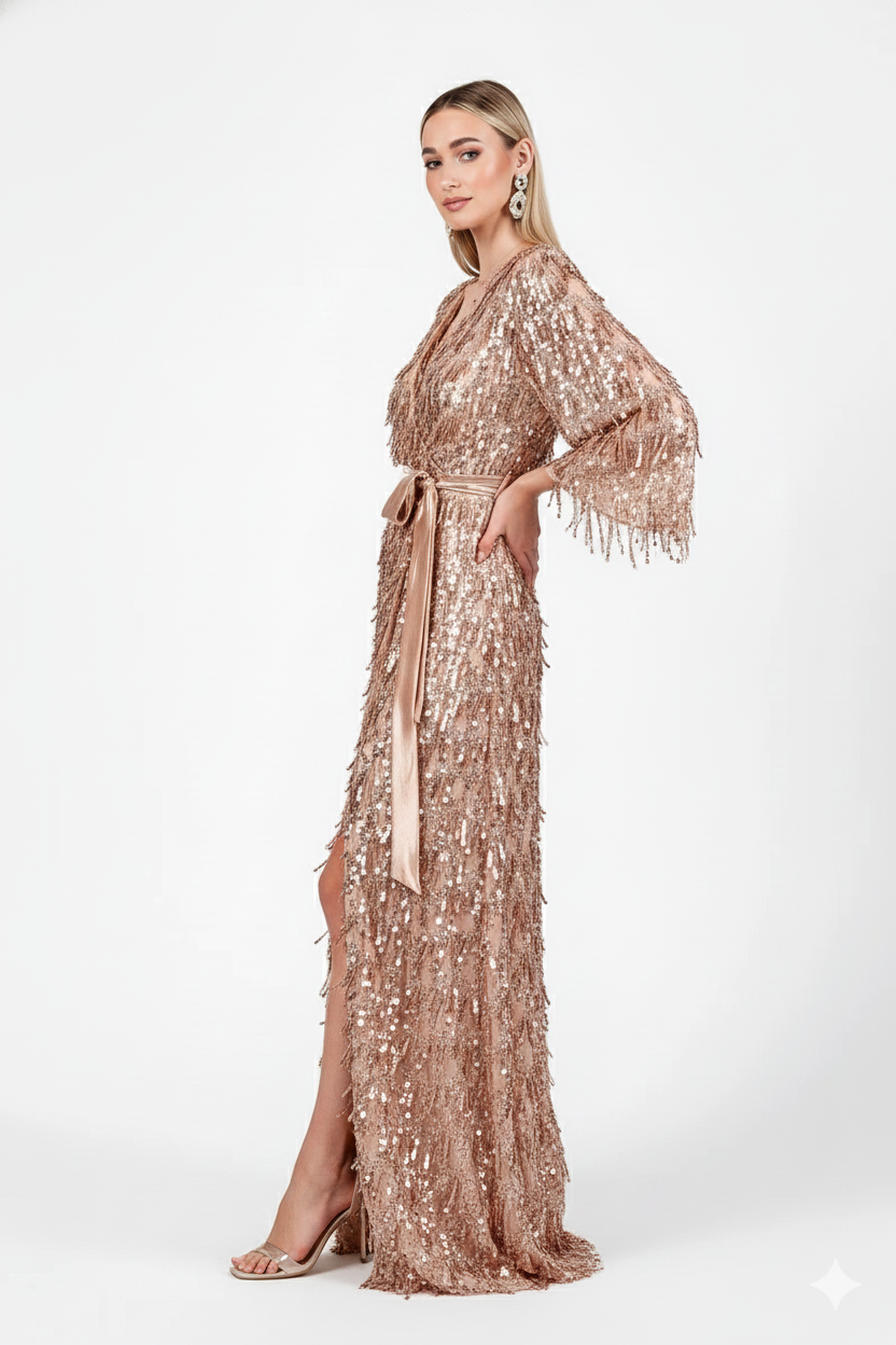 Maxi φόρεμα με παγιέτες και σατέν ζώνη σε rose gold απόχρωση - Image 3