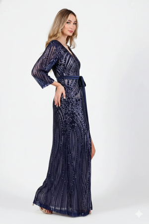 Alternative view of Maxi φόρεμα με παγιέτες και σατέν ζώνη σε navy blue απόχρωση