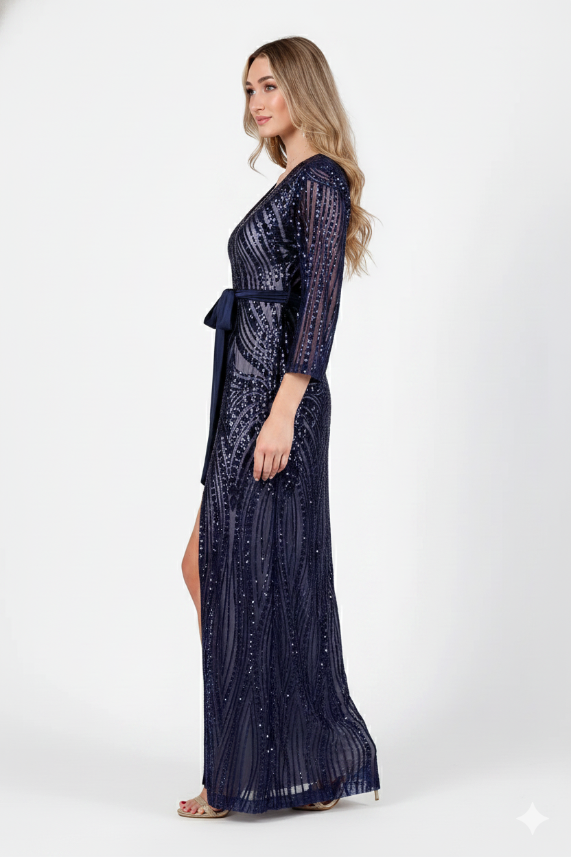 Maxi φόρεμα με παγιέτες και σατέν ζώνη σε navy blue απόχρωση - Image 3