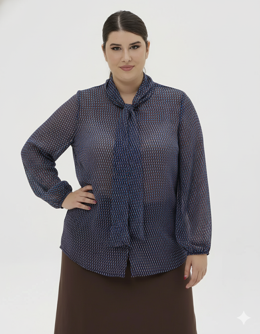 Πουκάμισο με γεωμετρικό σχέδιο και φιόγκο plus size - Μπλέ