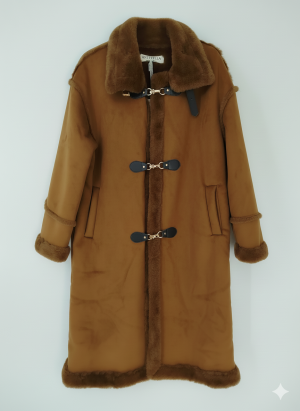 Μακρύ παλτό μουτόν με επένδυση γούνας σε καφέ σουέντ υφή