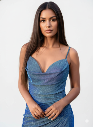 Alternative view of Λαμπερό βραδινό φόρεμα σε μπλε glitter