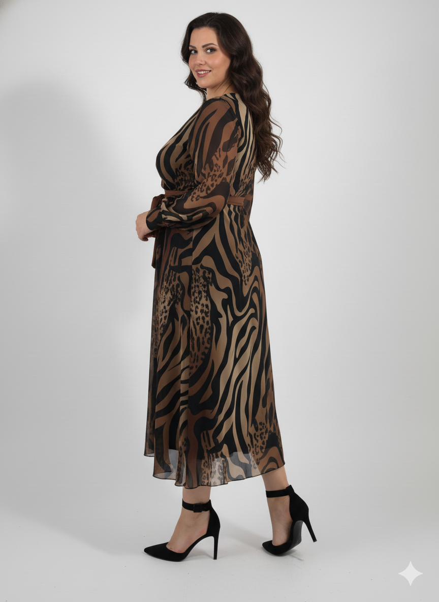 Μίντι φόρεμα κρουαζέ με animal print και ζώνη - Image 3