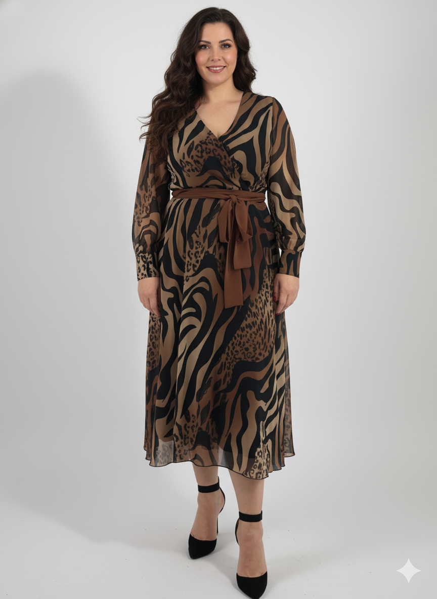 Μίντι φόρεμα κρουαζέ με animal print και ζώνη - Image 2