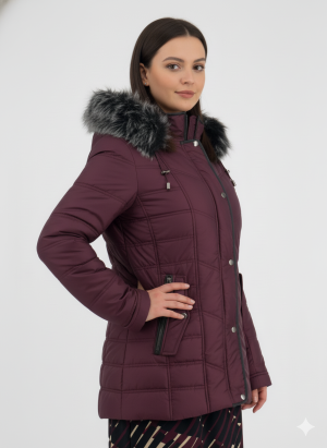 Alternative view of Μπουφάν σε χρώμα βουργουνδίας με γούνα