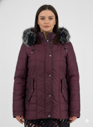 Μπουφάν σε χρώμα βουργουνδίας με γούνα