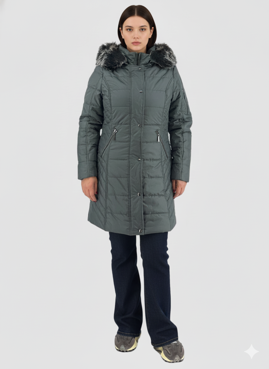 Μπουφάν καπιτονέ με κουκούλα και γούνα - Image 2