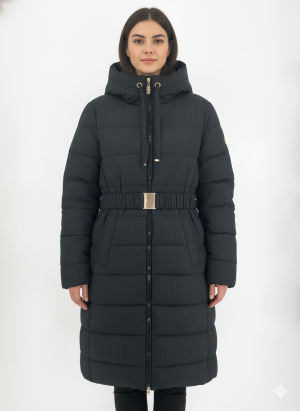 Μακρύ μπουφάν καπιτονέ σε μαύρο χρώμα με ζώνη