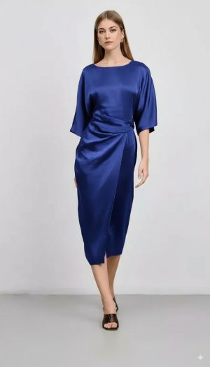 Midi σεμιζιέ φόρεμα σατέν κρουαζέ