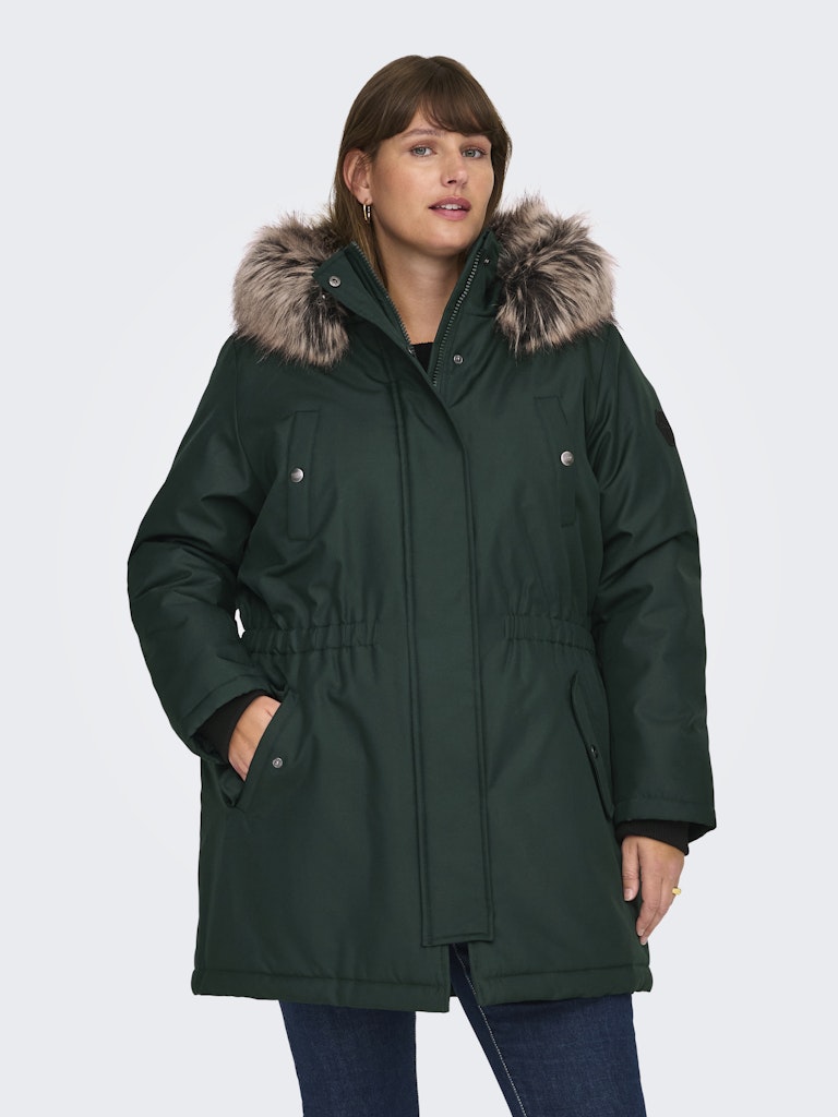 Μπουφάν παρκά με αποσπώμενη γούνα plus size - Λαδί