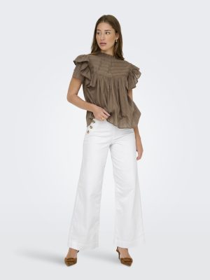 Παντελόνι λευκό ψηλόμεσο wide leg με χρυσά κουμπιά