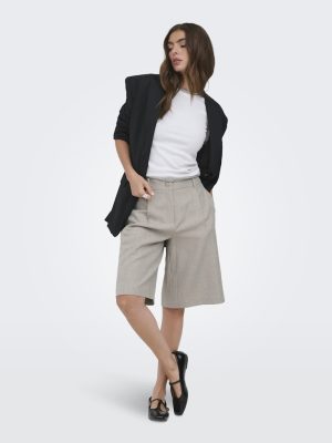 Alternative view of Βερμούδα γυναικεία μπεζ υφασμάτινη ψηλόμεση tailored